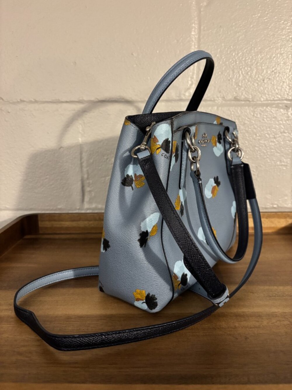 Coach Minetta Light Blue Navy Blue Floral 2 Way Leather Satchel Crossbody - Picture 2 of 11